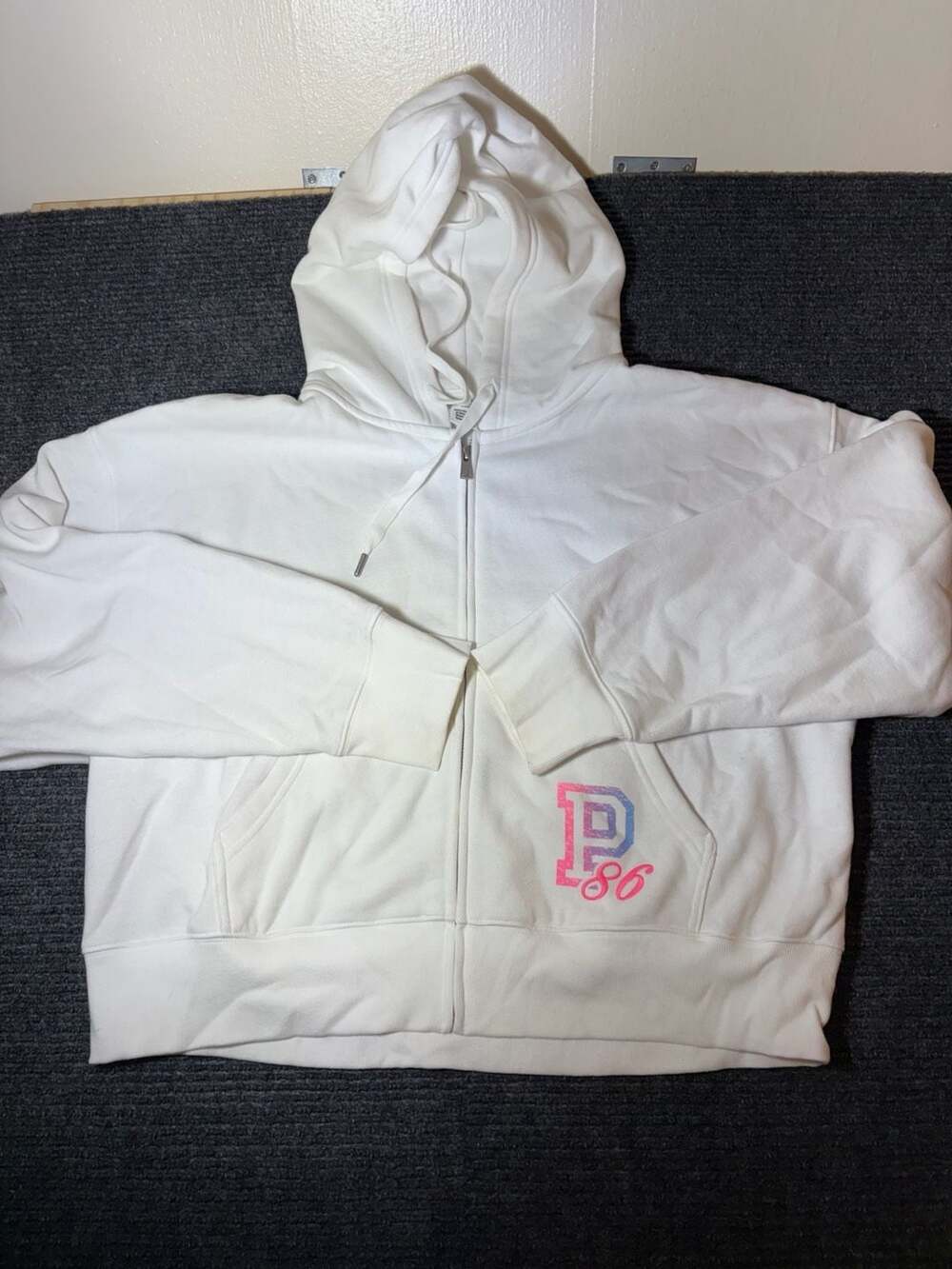 PINK Victoria's Secret Campus Fleece Shrunken Full-Zip Hoodie White Size XL